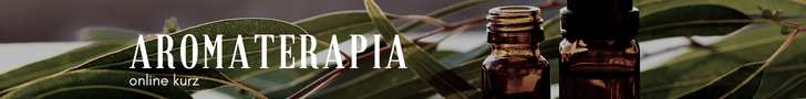 Banner s nápisom "Aromaterapia online kurz" a fľaštičky esenciálnych olejov na pozadí eukalyptových listov.