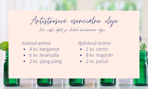 Esenciálne oleje pre zníženie stresu a krvného tlaku – bergamot, levanduľa, ylang ylang, citrón, majorán a pačuli.