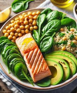 Zdravé jedlo bohaté na tyrozín a vitamín B6 - pečený losos, cícer, avokádo, špenát a quinoa pre podporu produkcie dopamínu a neurotransmiterov