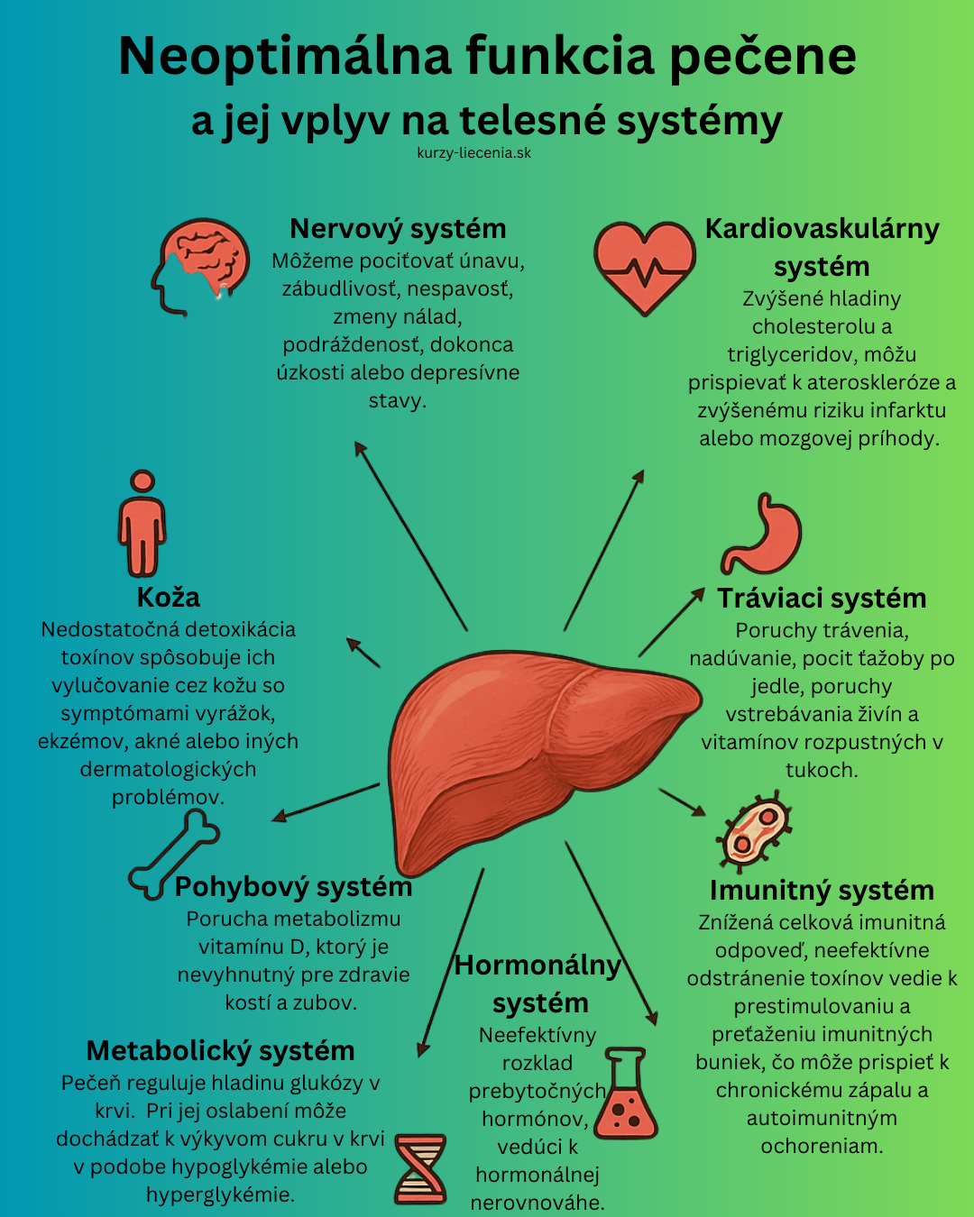 Infografika zobrazujúca vplyv oslabenej funkcie pečene na telesné systémy – nervový, hormonálny, imunitný, tráviaci, metabolický, kardiovaskulárny, pohybový a kožný.