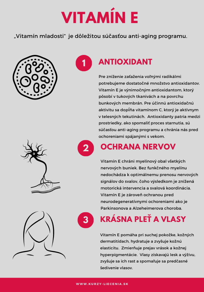Ilustrácia znázorňujúca benefity vitamínu E, vrátane jeho antioxidačných účinkov, ochrany nervového systému a prínosov pre pleť a vlasy. Tento obrázok podporuje pochopenie, ako vitamín E prispieva k zdravému starnutiu a udržaniu vitality.